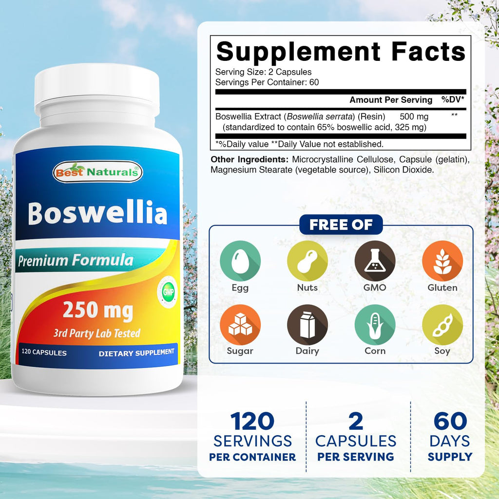 Best Naturals Boswellia Serrata Joint Health 250 mg 120 Capsules - Standardized to 65% Boswellic Acid (120 Count (Pack of 3)) - TrustMedUSA