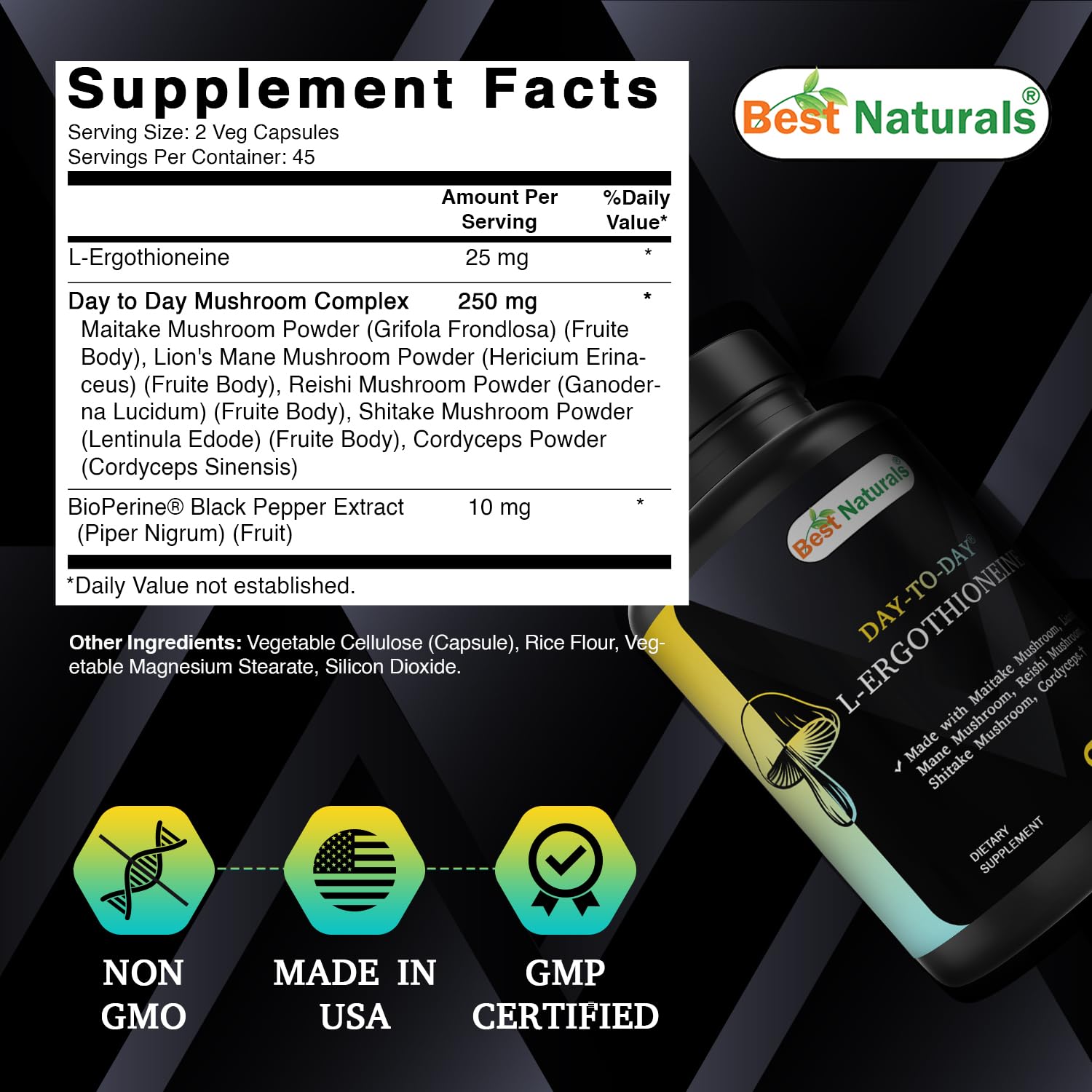 Best Naturals Day-to-Day L-Ergothioneine 25 mg with Maitake Mushrom, Lion's Mane Mushroom, Reishi Mushroom 90 Capsules - TrustMedUSA