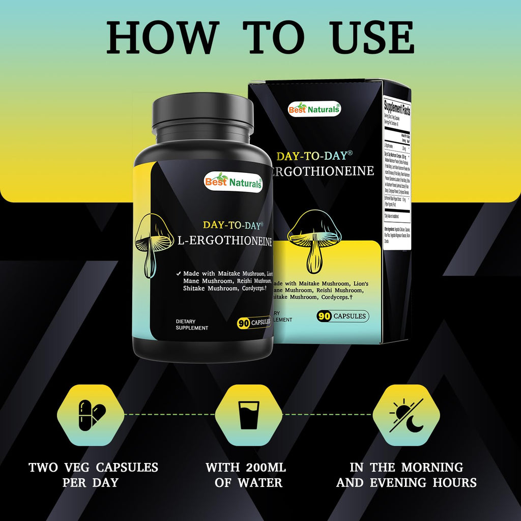 Best Naturals Day-to-Day L-Ergothioneine 25 mg with Maitake Mushrom, Lion's Mane Mushroom, Reishi Mushroom 90 Capsules - TrustMedUSA