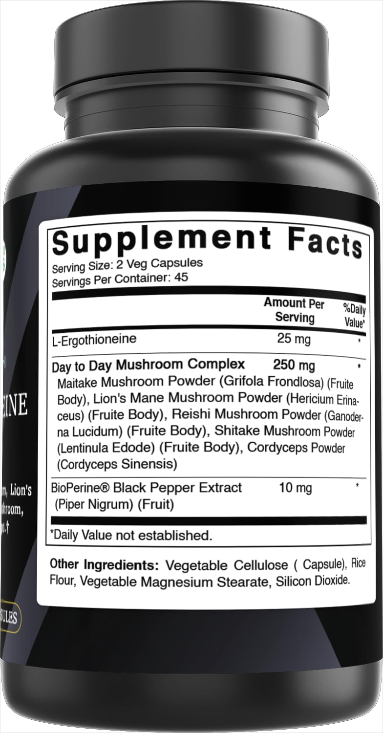 Best Naturals Day-to-Day L-Ergothioneine 25 mg with Maitake Mushrom, Lion's Mane Mushroom, Reishi Mushroom 90 Capsules - TrustMedUSA