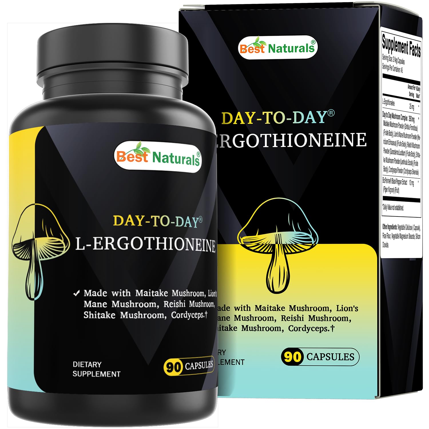 Best Naturals Day-to-Day L-Ergothioneine 25 mg with Maitake Mushrom, Lion's Mane Mushroom, Reishi Mushroom 90 Capsules - TrustMedUSA