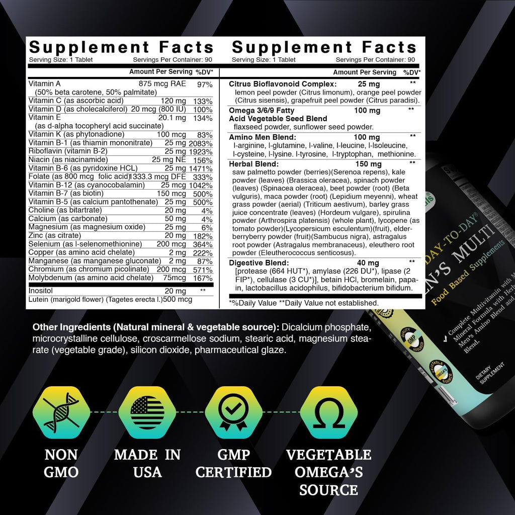 Best Naturals Day-to-Day Men's Multivitamin Food Based Supplement with Vitamin A, L-Arginine, L-Glutamine, L-Lysine- 90 Tablets - TrustMedUSA