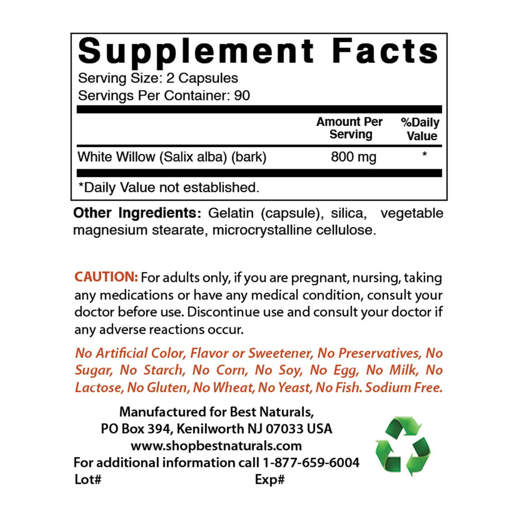 Best Naturals White Willow Bark 400 mg 180 Capsules (180 Count (Pack of 3)) - TrustMedUSA