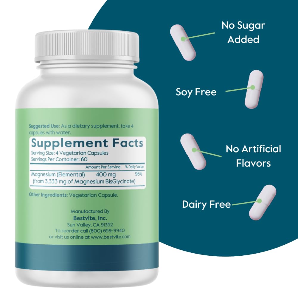 BESTVITE Filler-Free Magnesium Glycinate - 400mg of Magnesium per Serving (240 Veg Caps)- Chelated Bisglycinate for Muscle, Relaxation, Stress & Sleep Support* - For Men & Women - No Stearates - Vegan - TrustMedUSA