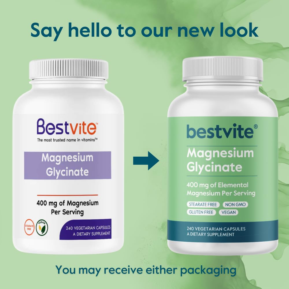 BESTVITE Filler-Free Magnesium Glycinate - 400mg of Magnesium per Serving (240 Veg Caps)- Chelated Bisglycinate for Muscle, Relaxation, Stress & Sleep Support* - For Men & Women - No Stearates - Vegan - TrustMedUSA