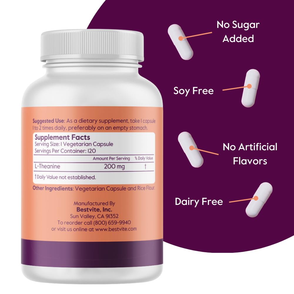 BESTVITE L-Theanine 200mg (120 Vegetarian Capsules) - No Stearates - Vegan - Non GMO - Gluten Free - TrustMedUSA