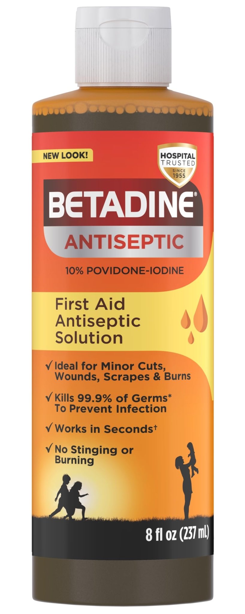 Betadine Antiseptic First Aid Solution, Povidone-Iodine 10%, Infection Protection, Kills Germs in Minor Cuts Scrapes and Burns, No Sting Promise, No Alcohol or Hydrogen Peroxide, 8 FL OZ - Maple Wellness Supplements