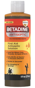 Betadine Antiseptic First Aid Solution, Povidone-Iodine 10%, Infection Protection, Kills Germs in Minor Cuts Scrapes and Burns, No Sting Promise, No Alcohol or Hydrogen Peroxide, 8 FL OZ - Maple Wellness Supplements