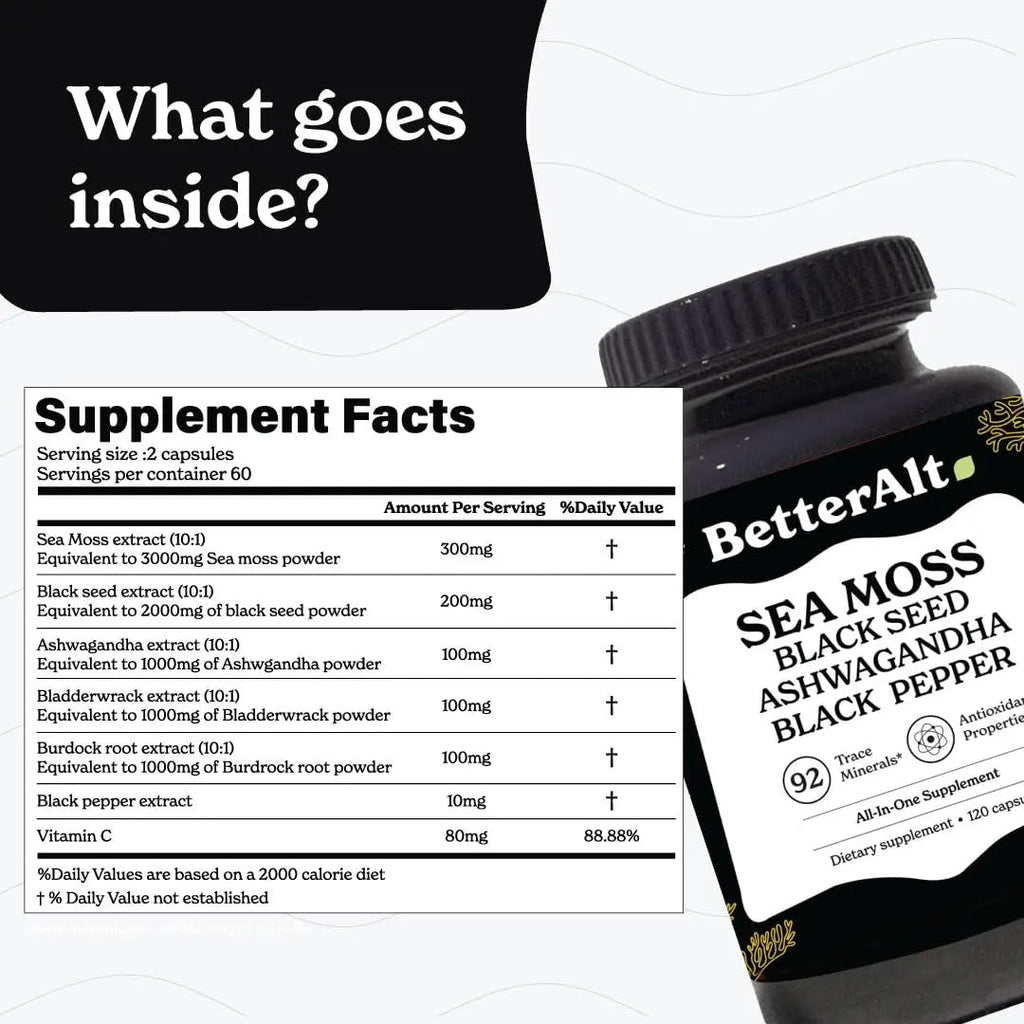 Better Alt Sea Moss Capsules- Irish Sea Moss with Black Seed Oil, Ashwagandha & Black - TrustMedUSA