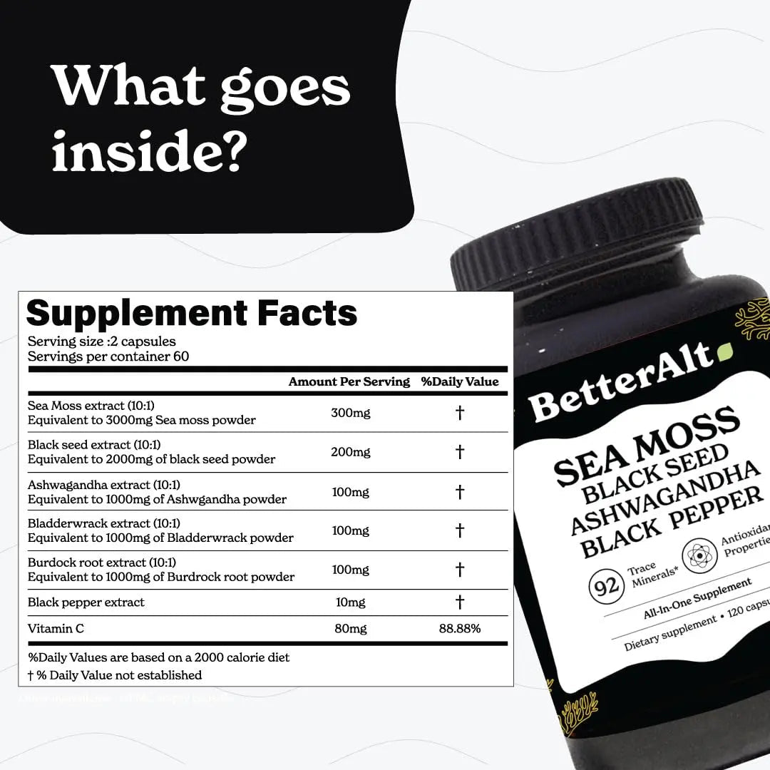 Better Alt Sea Moss Capsules- Irish Sea Moss with Black Seed Oil, Ashwagandha & Black - TrustMedUSA