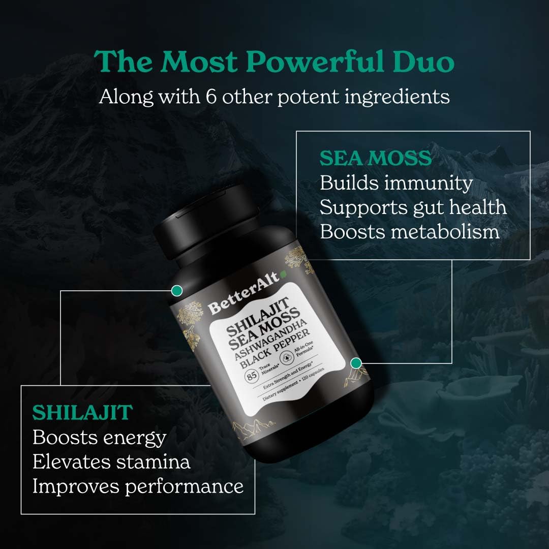 Better Alt Shilajit Sea Moss Capsules Pack of 2 with Ashwagandha & Black Pepper Extract with 85+ Essential Minerals & Antioxidants| Boosts Energy & Metabolism - 120 Servings, 240 Capsules - TrustMedUSA