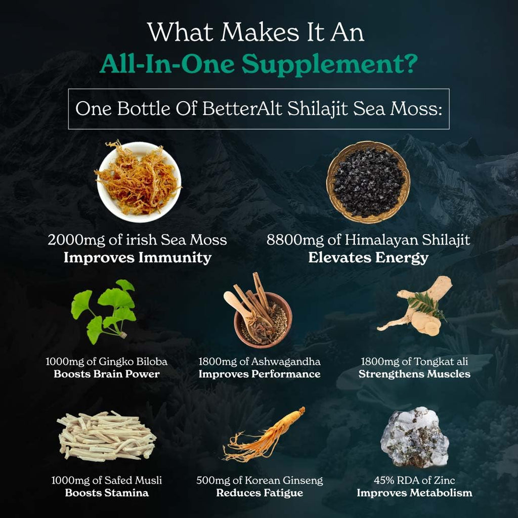 Better Alt Shilajit Sea Moss Capsules Pack of 2 with Ashwagandha & Black Pepper Extract with 85+ Essential Minerals & Antioxidants| Boosts Energy & Metabolism - 120 Servings, 240 Capsules - TrustMedUSA