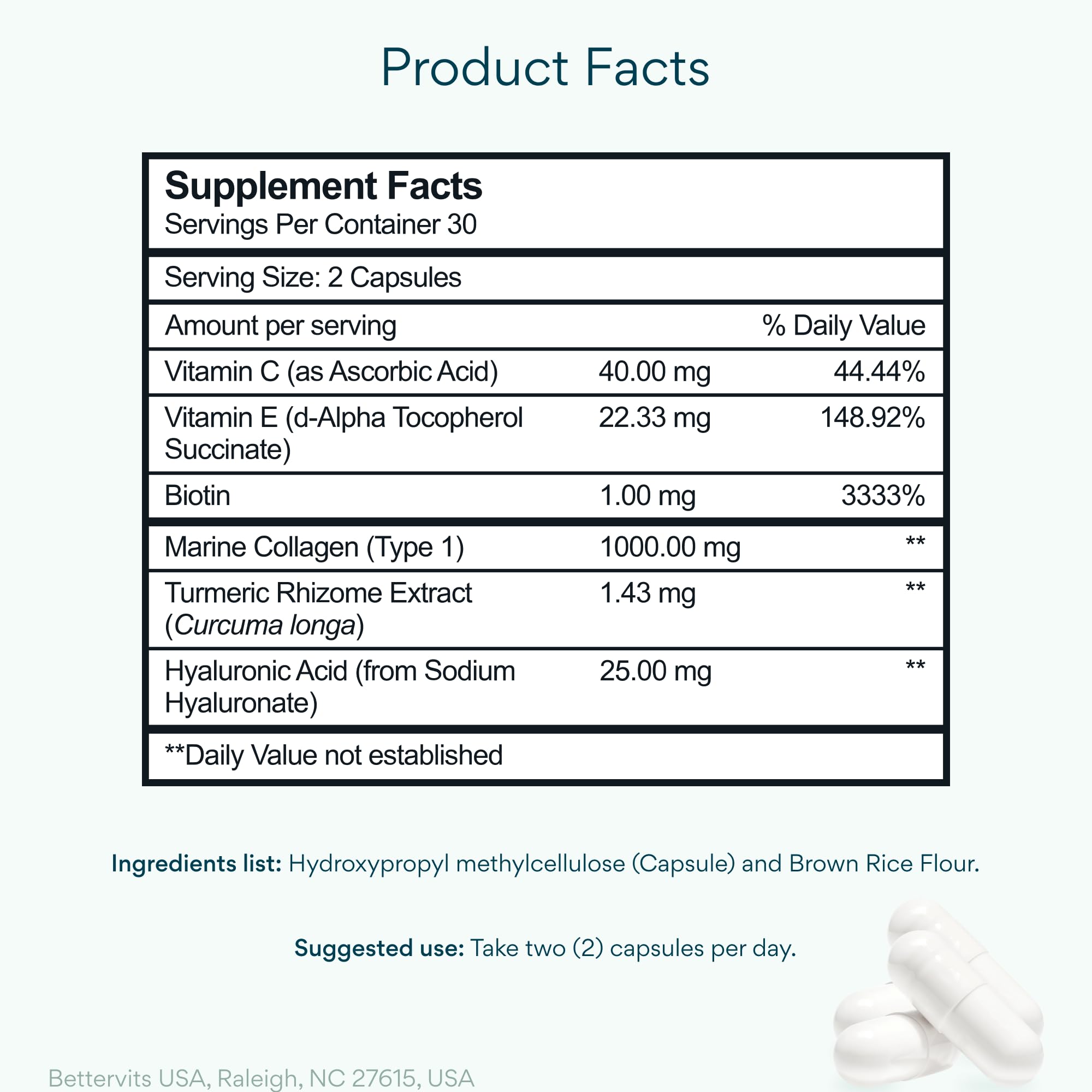Bettervits Collagen Peptides Complex with Hyaluronic Acid & Turmeric | Hydrolyzed Marine Collagen Supplements for Women & Men | Collagen with Vitamin C for Skin, Hair, Nails & Joints – 60 Capsules - Maple Wellness Supplements