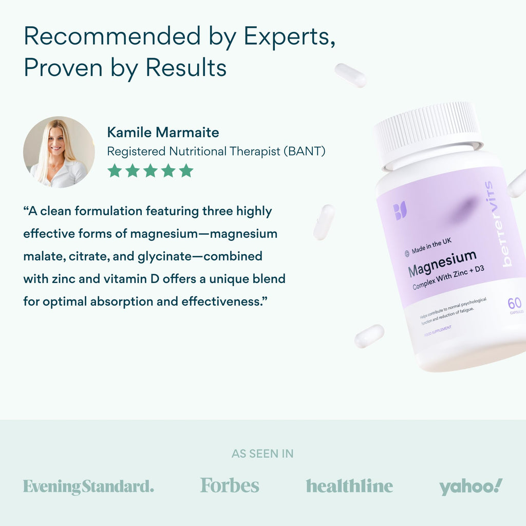 Bettervits Magnesium Glycinate Complex with Citrate Malate Zinc & Vitamin D3 | High Absorption Pure Magnesium 225mg Supplement Chelated Formula for Muscle Relaxation, Sleep Support – 60 Capsules - TrustMedUSA