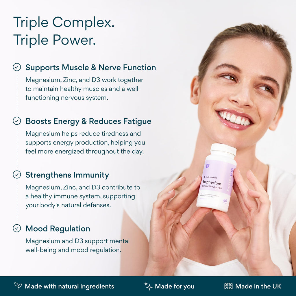Bettervits Magnesium Glycinate Complex with Citrate Malate Zinc & Vitamin D3 | High Absorption Pure Magnesium 225mg Supplement Chelated Formula for Muscle Relaxation, Sleep Support – 60 Capsules - TrustMedUSA