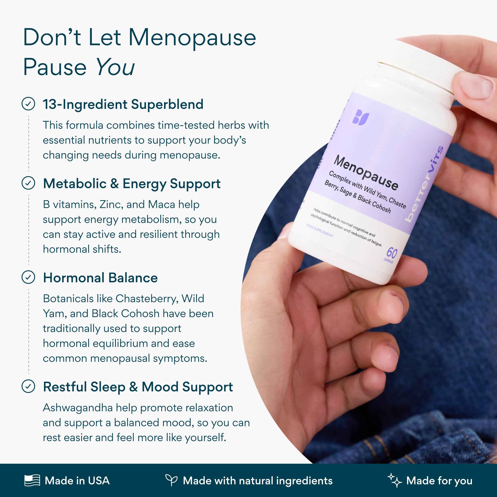 Bettervits Menopause Supplements for Women with Ashwagandha and Zinc | Hormone Balance Support with Vitamins D3 B6 B12 for Hot Flashes | Perimenopause Supplements for Monthly Wellness - 60 Capsules - TrustMedUSA