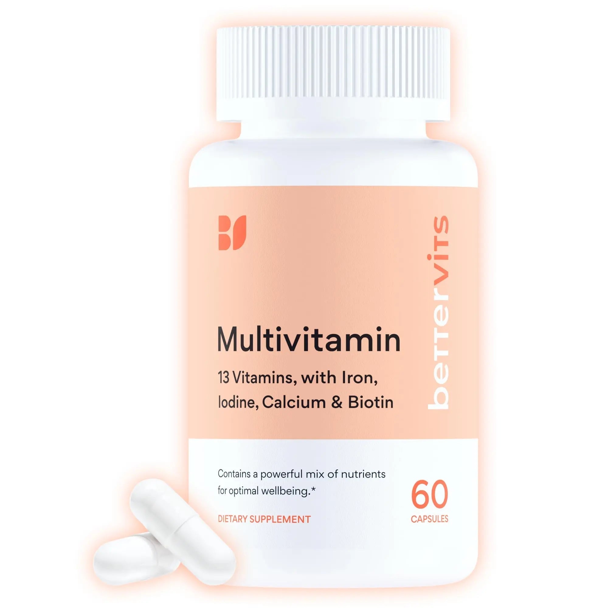 Bettervits Multivitamin for Women & Men | Womens Daily Multivitamin with 13 Essential Vitamins Iron, Iodine, Calcium and Biotin | Vitamins A, K2, D3, C, B1, B2, B3, B5, B6, B7, B9, B12 | 60 Capsules - TrustMedUSA