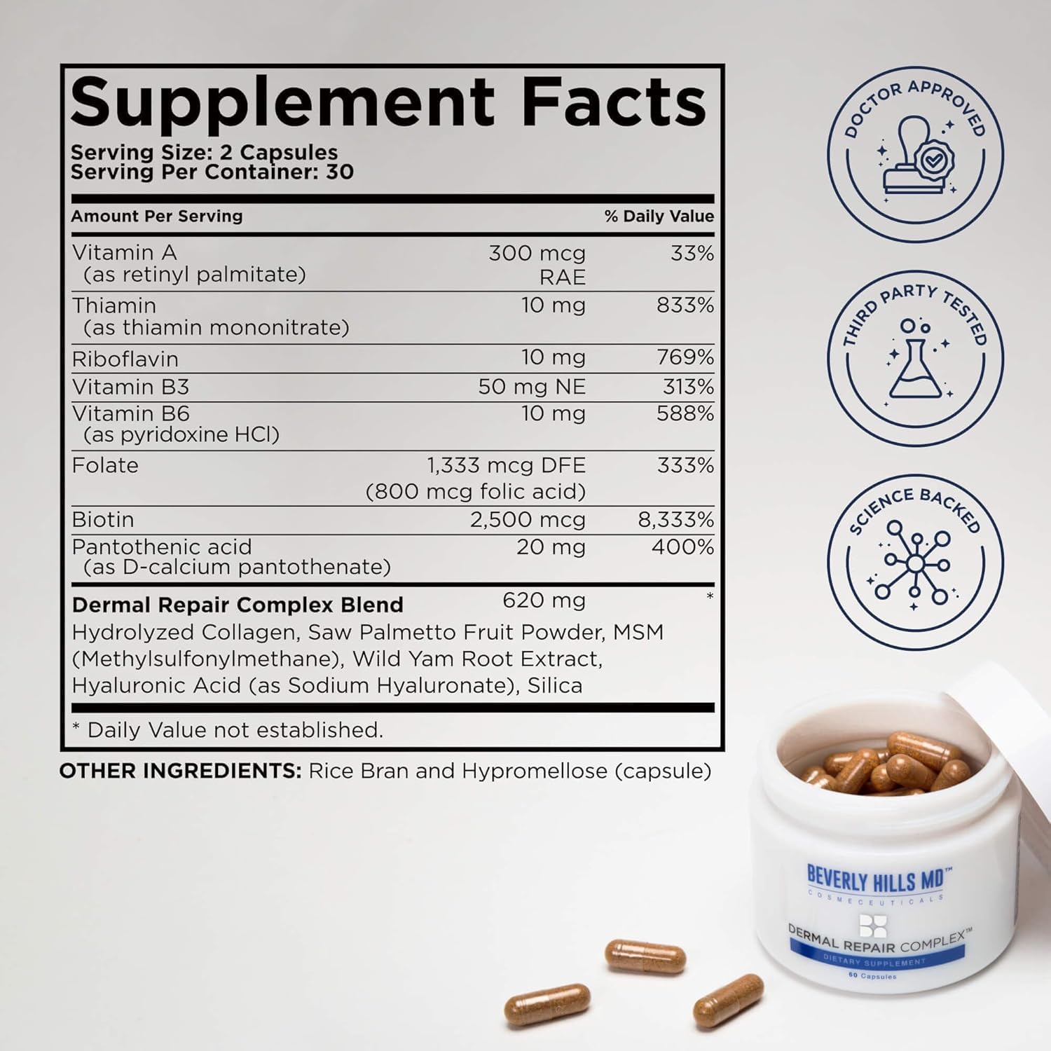 Beverly Hills MD Dermal Repair Anti-Aging Supplement - Hyaluronic Acid, Collagen, Vitamins for Smooth, Plump Skin (3) - TrustMedUSA