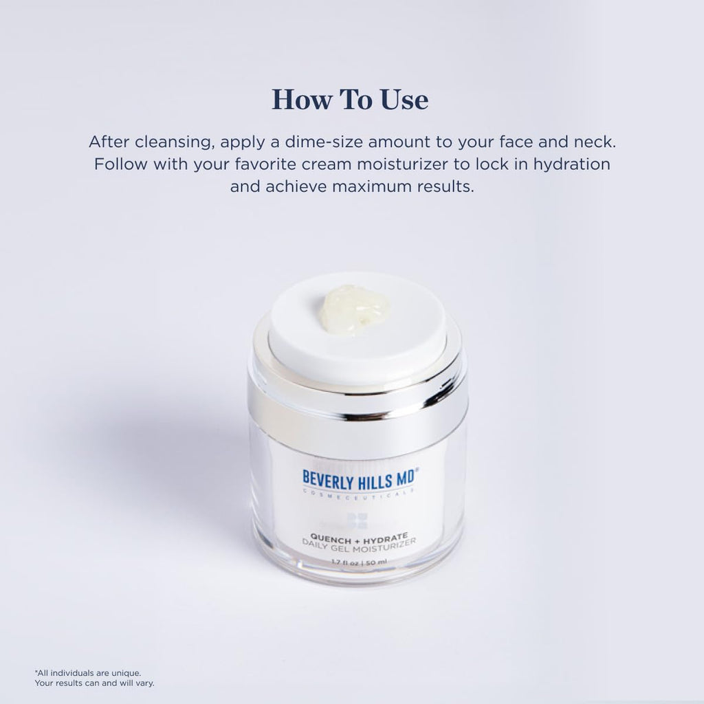 Beverly Hills MD Quench + Hydrate Daily Gel Moisturizer- Visibly Smooth, Plump, Hydrate Face & Neck for Wrinkles, Sagging- Skin Smoothing & Re-Energizing- Visibly Reduce Signs of Aging w/Niacinamide - TrustMedUSA