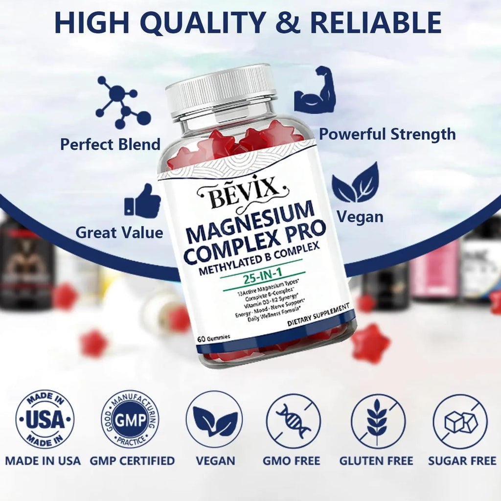 BEVIX Magnesium Complex Gummies with Methylated B Complex Magnesium Glycinate Citrate Malate Taurate Gluconate Aspartate Carbonate D3 K2, Magnesium for Relaxation Energy & Nerve, 60 Gummies - TrustMedUSA
