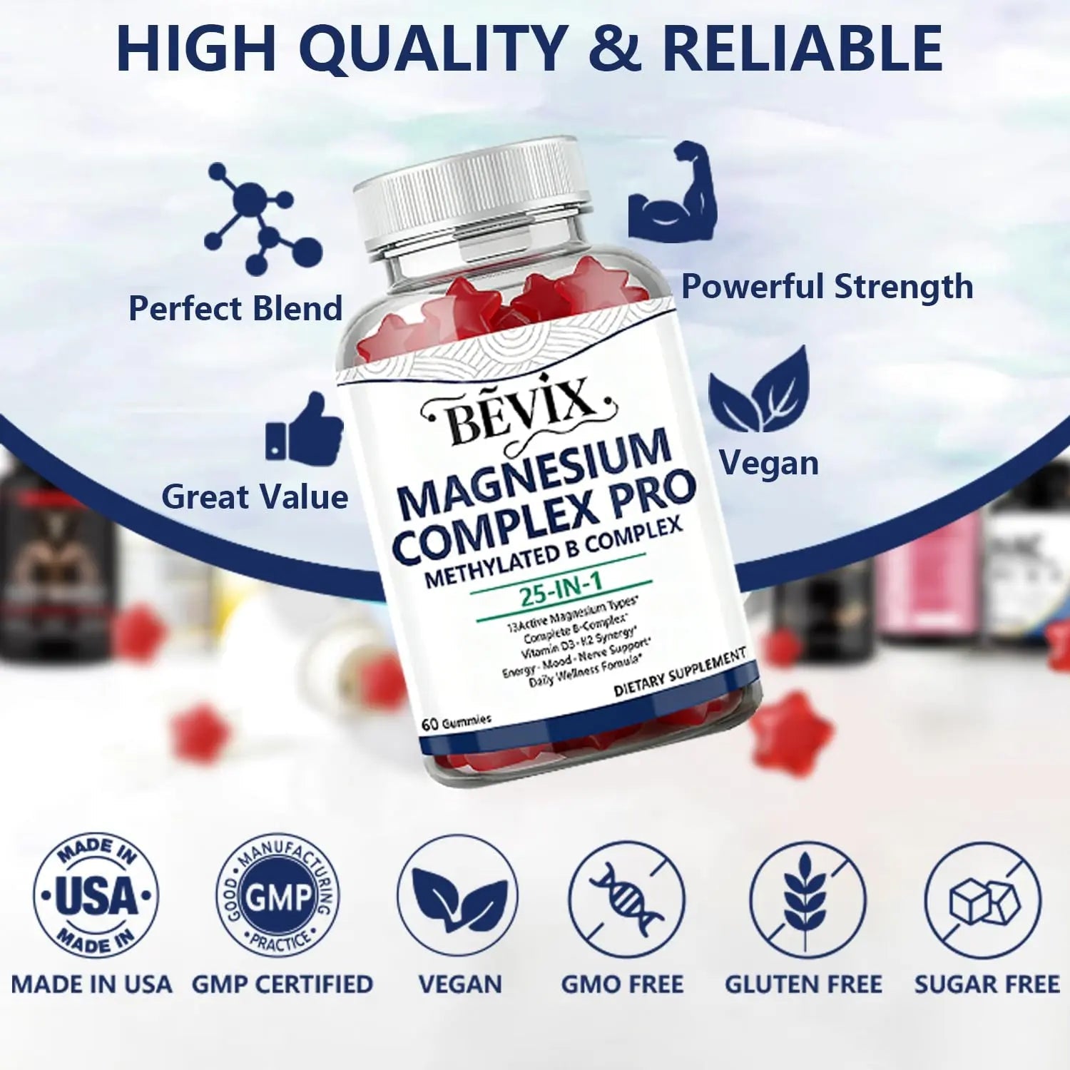 BEVIX Magnesium Complex Gummies with Methylated B Complex Magnesium Glycinate Citrate Malate Taurate Gluconate Aspartate Carbonate D3 K2, Magnesium for Relaxation Energy & Nerve, 60 Gummies - TrustMedUSA