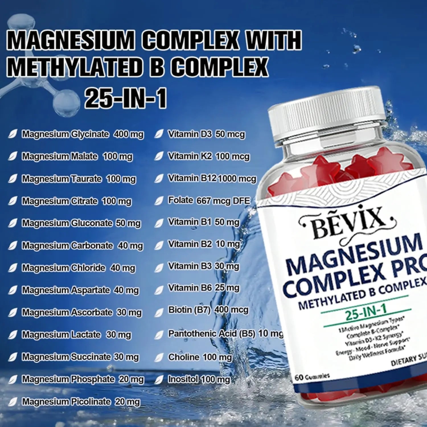 BEVIX Magnesium Complex Gummies with Methylated B Complex Magnesium Glycinate Citrate Malate Taurate Gluconate Aspartate Carbonate D3 K2, Magnesium for Relaxation Energy & Nerve, 60 Gummies - TrustMedUSA