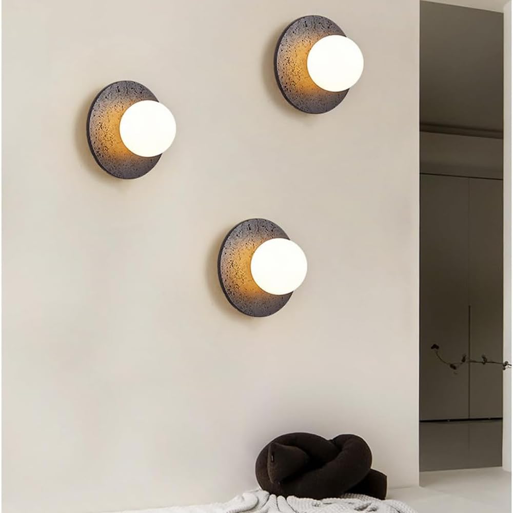 BFFGKGL Modern Natural Black Travertine Hallway Wall Sconce Nordic Creativity Round Transmittance Glass Bedside Wall Light Japanese Minimalist Aisle Wall Lamp For Living Room Stairs Living Room Balcon - TrustMedUSA