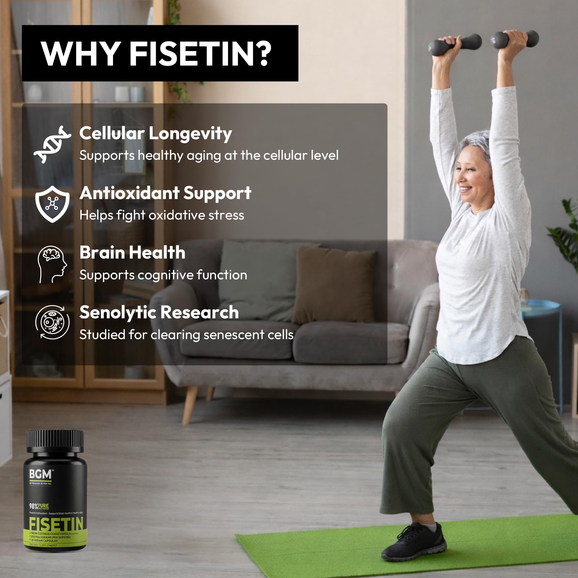 BGM Fisetin 500mg Supplement | Smoke Tree Extract (Cotinus coggygria) | 98% Pure Senolytic Antioxidant | Vegan Capsules | Supports Brain Health & Healthy Aging - TrustMedUSA