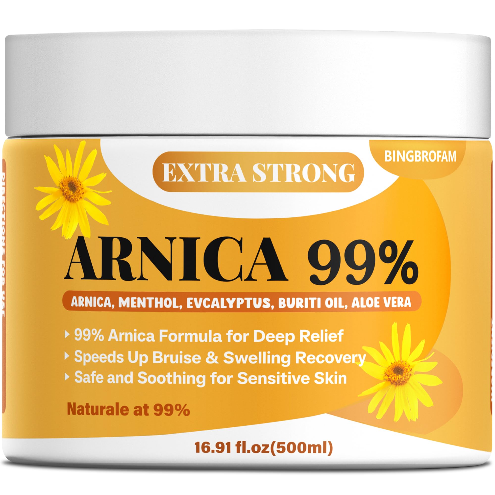 Bingbrofam Arnica Cream 99% Extra Strength Gel Pain Relief for Fast Healing Thin Skin, Seniors Bruises with Menthol, Swelling, Soothing Massage, 16.9 Oz - TrustMedUSA