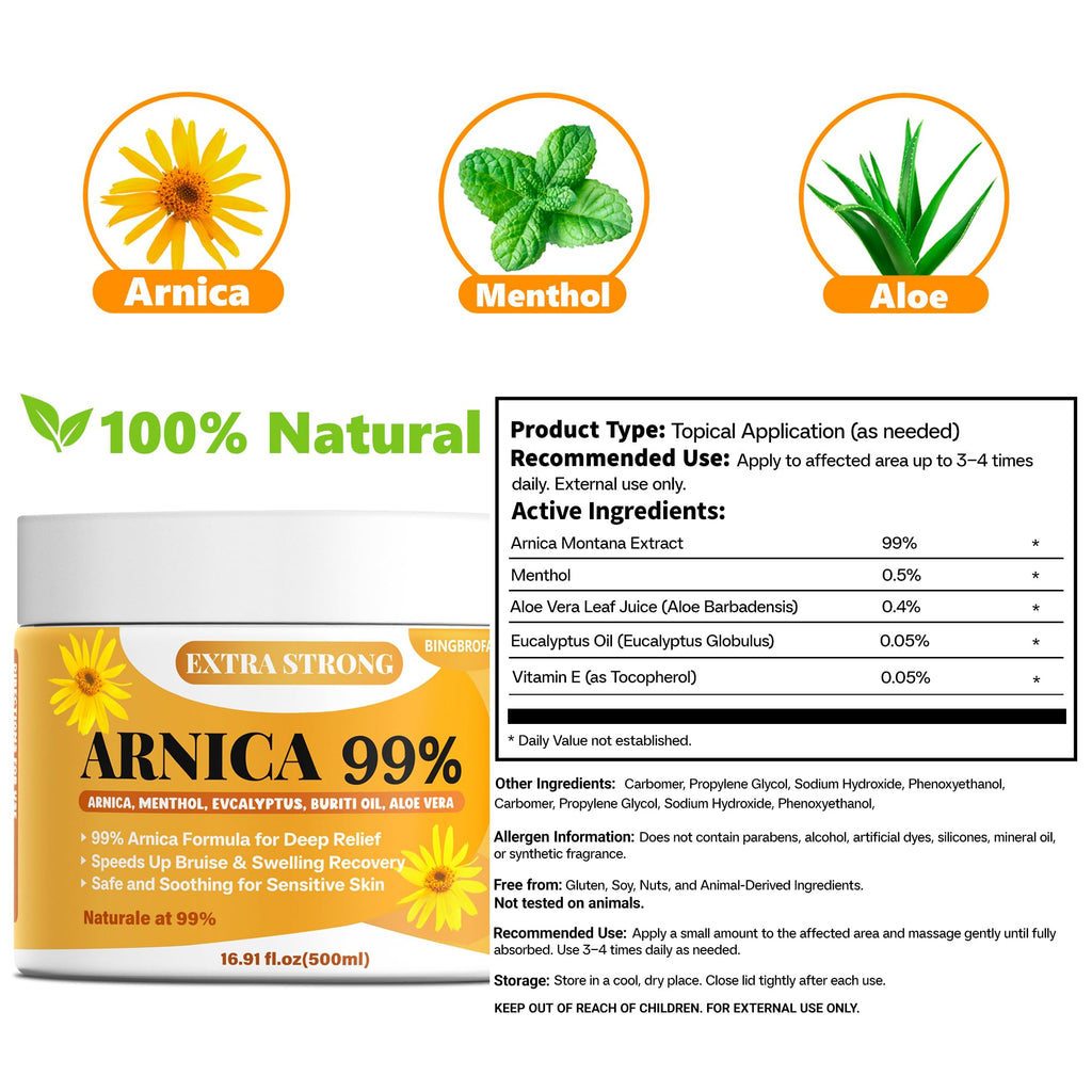 Bingbrofam Arnica Cream 99% Extra Strength Gel Pain Relief for Fast Healing Thin Skin, Seniors Bruises with Menthol, Swelling, Soothing Massage, 16.9 Oz - TrustMedUSA