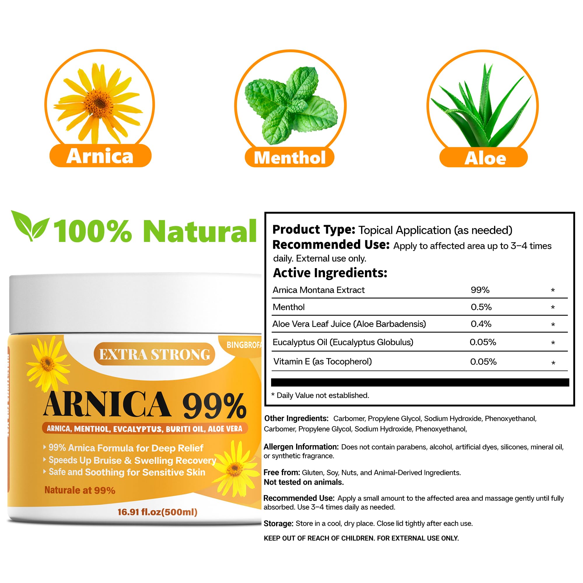 Bingbrofam Arnica Cream 99% Extra Strength Gel Pain Relief for Fast Healing Thin Skin, Seniors Bruises with Menthol, Swelling, Soothing Massage, 16.9 Oz - TrustMedUSA