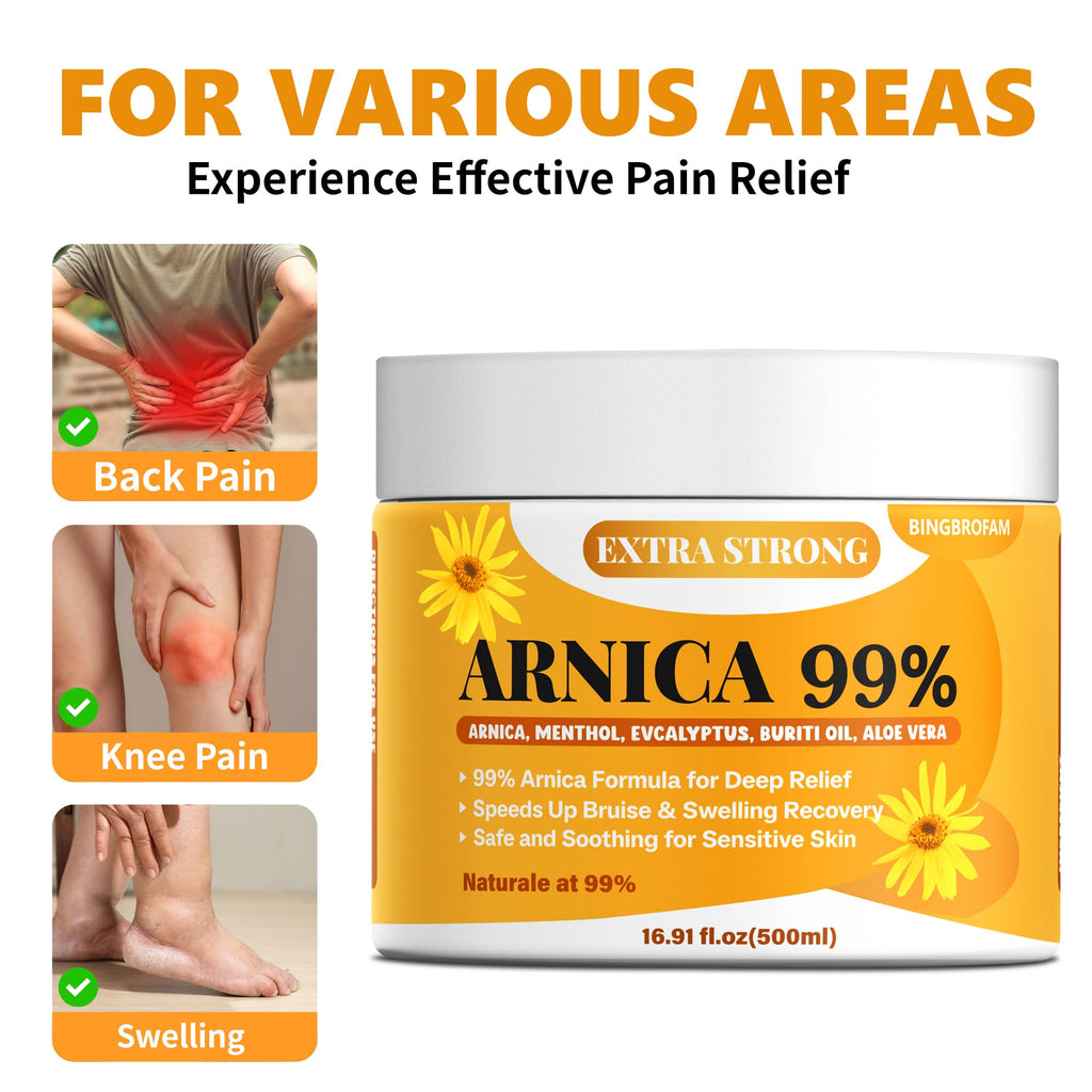 Bingbrofam Arnica Cream 99% Extra Strength Gel Pain Relief for Fast Healing Thin Skin, Seniors Bruises with Menthol, Swelling, Soothing Massage, 16.9 Oz - TrustMedUSA