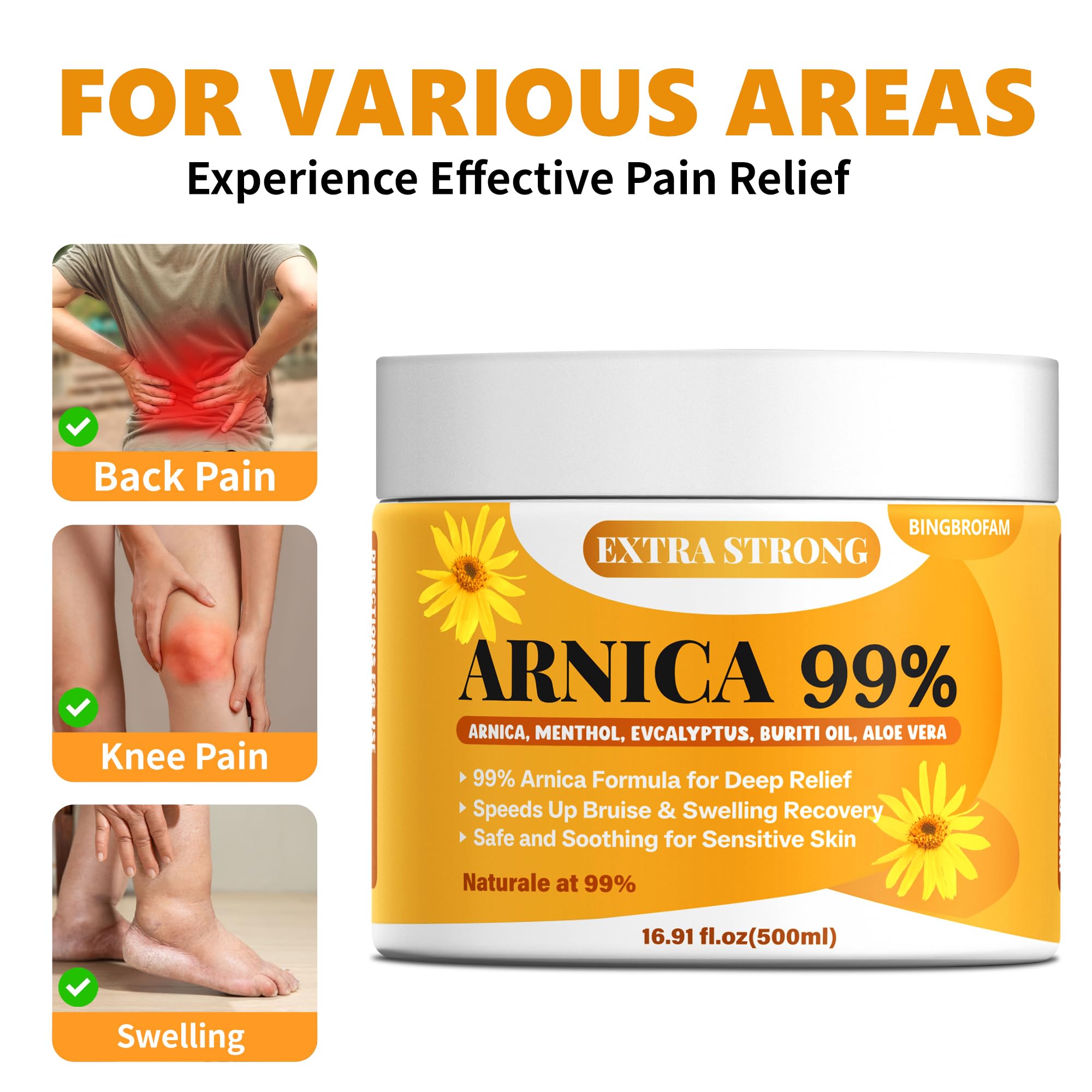 Bingbrofam Arnica Cream 99% Extra Strength Gel Pain Relief for Fast Healing Thin Skin, Seniors Bruises with Menthol, Swelling, Soothing Massage, 16.9 Oz - TrustMedUSA
