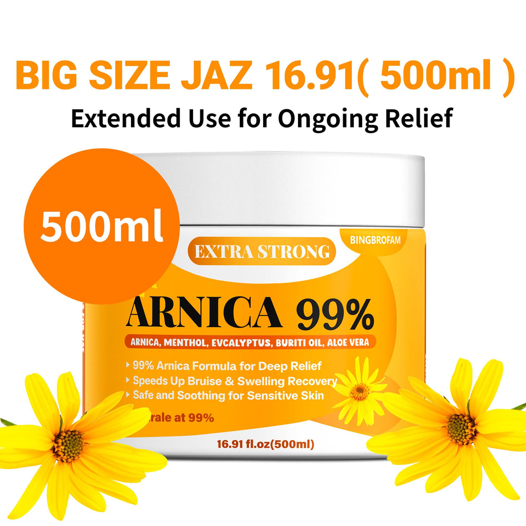 Bingbrofam Arnica Cream 99% Extra Strength Gel Pain Relief for Fast Healing Thin Skin, Seniors Bruises with Menthol, Swelling, Soothing Massage, 16.9 Oz - TrustMedUSA