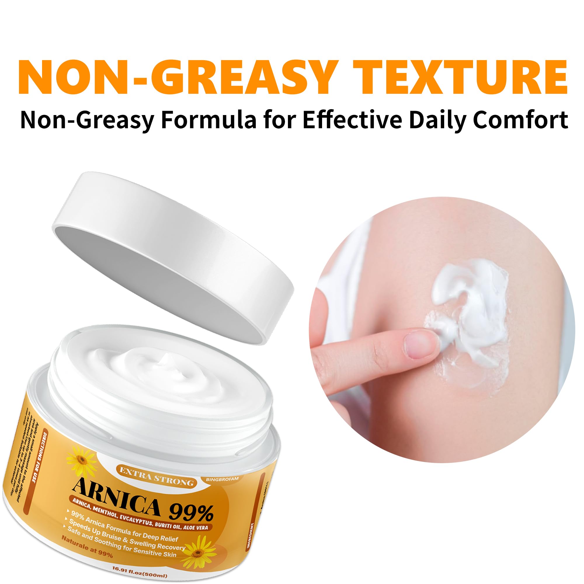 Bingbrofam Arnica Cream 99% Extra Strength Gel Pain Relief for Fast Healing Thin Skin, Seniors Bruises with Menthol, Swelling, Soothing Massage, 16.9 Oz - TrustMedUSA