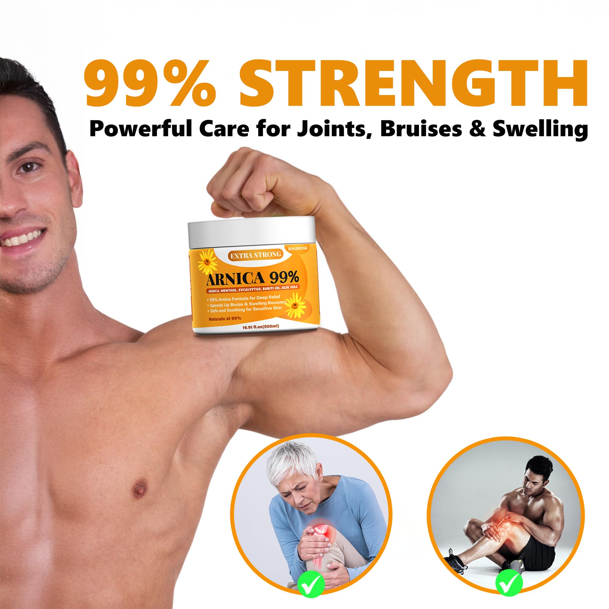 Bingbrofam Arnica Cream 99% Extra Strength Gel Pain Relief for Fast Healing Thin Skin, Seniors Bruises with Menthol, Swelling, Soothing Massage, 16.9 Oz - TrustMedUSA