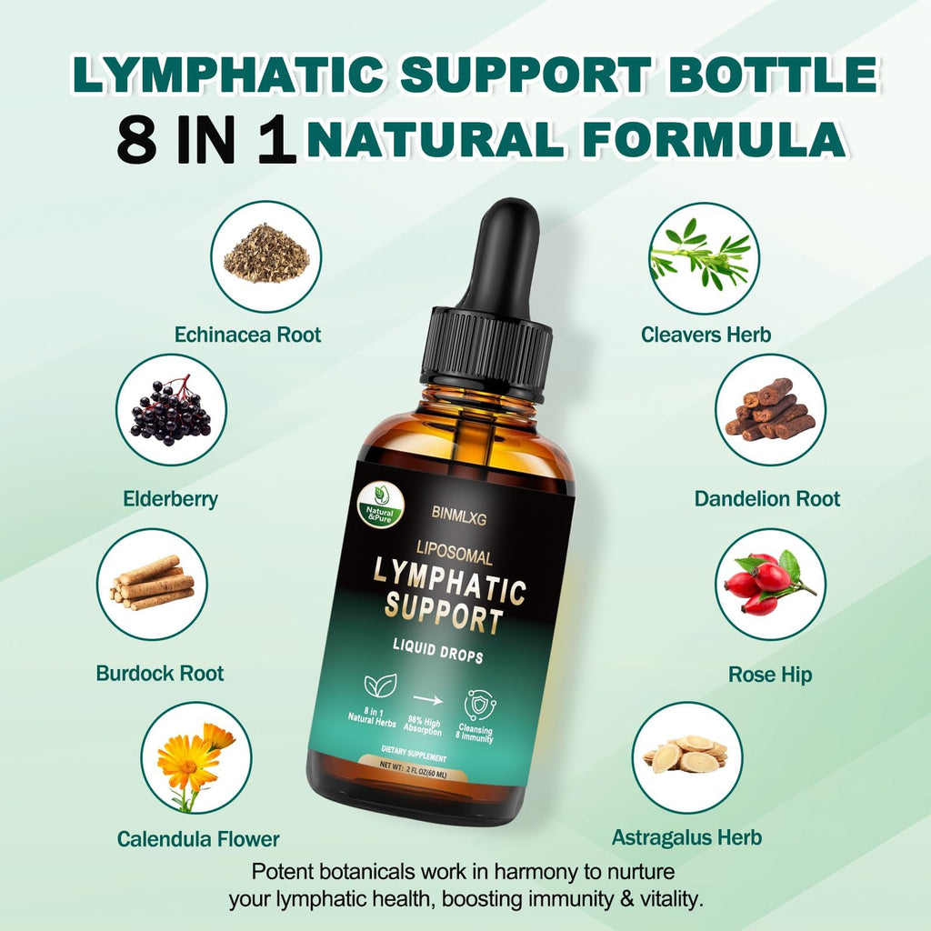 BINMLXG Liposomal Lymphatic Drainage Drops, 8-Herb Formula with Echinacea, Elderberry, Burdock Root Blend, for Lymphatic Drainage, Immune Support, Cleanse & Detox, 2 Fl Oz - Maple Wellness Supplements