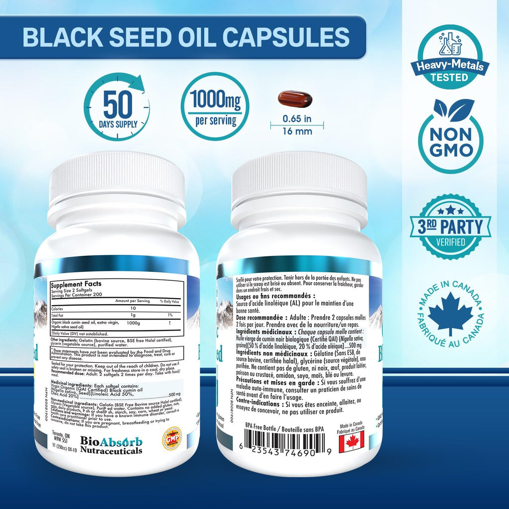 Bio Absorb Black Seed Oil Cold Pressed Capsules. 200 softgels, 500mg (50-Day Supply). No Aftertaste. - Maple Wellness Supplements