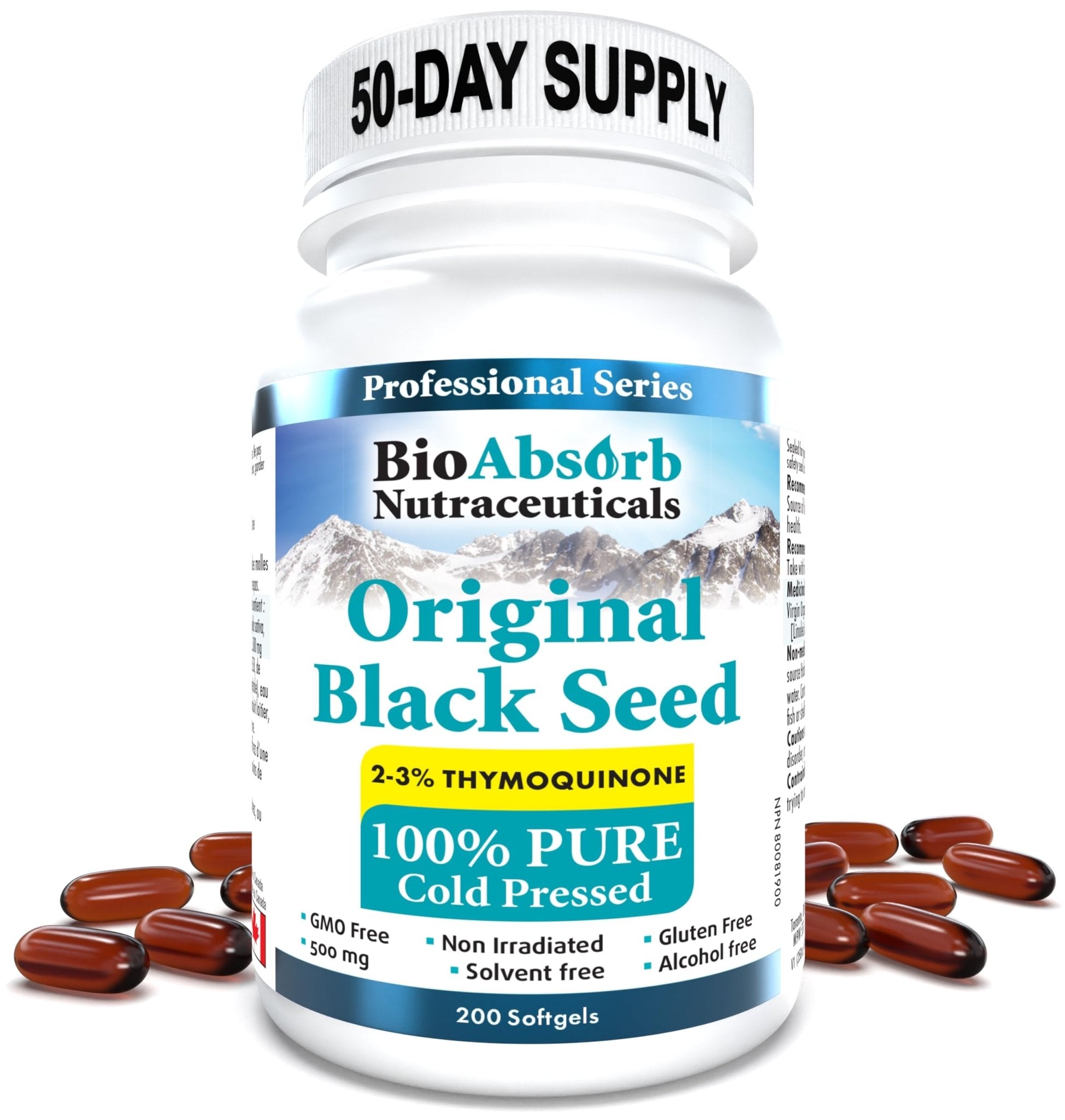 Bio Absorb Black Seed Oil Cold Pressed Capsules. 200 softgels, 500mg (50-Day Supply). No Aftertaste. - Maple Wellness Supplements