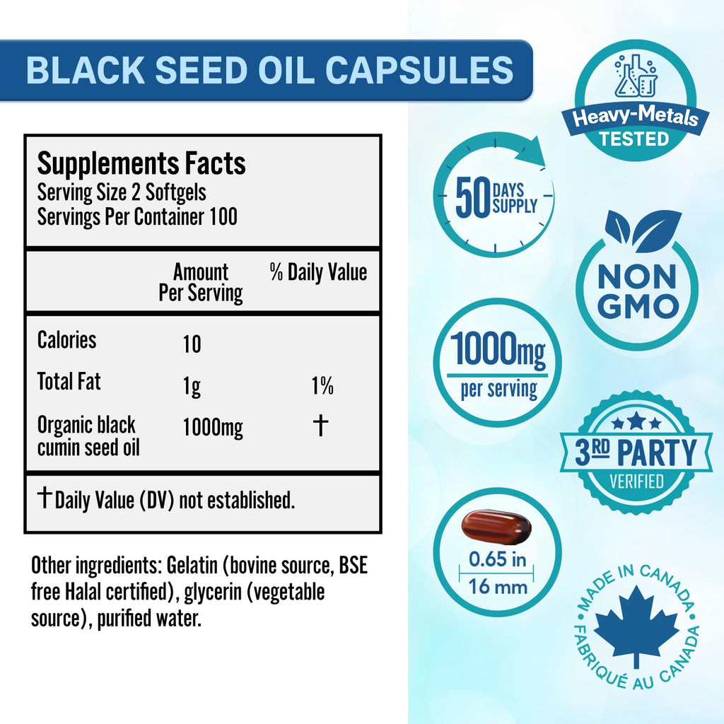 Bio Absorb Black Seed Oil Cold Pressed Capsules. 200 softgels, 500mg (50-Day Supply). No Aftertaste. - Maple Wellness Supplements