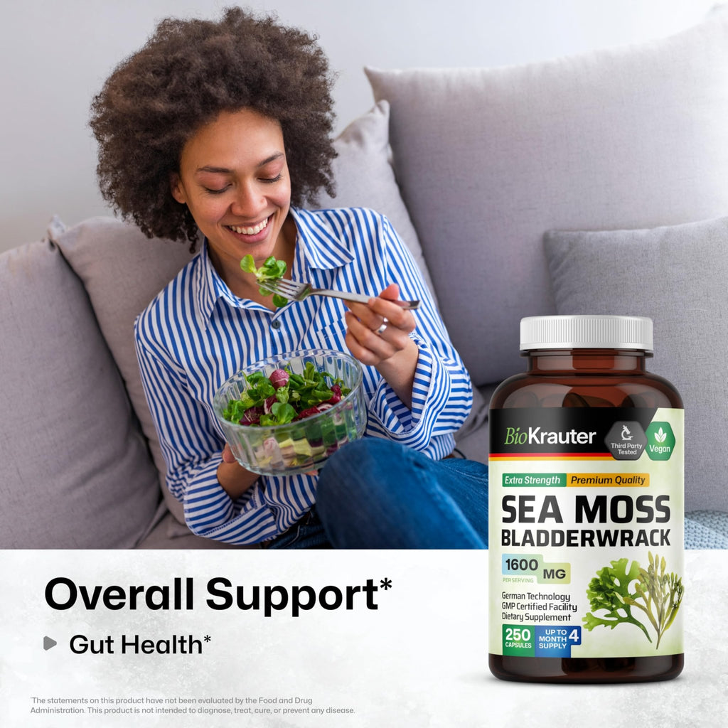 BIO KRAUTER® 2-in-1 Sea Moss for Thyroid Support - Vegan Bladderwrack & Sea Moss Capsules for Women & Men - Natural Сhondrus Сrispus Seaweed Supplement 1600 mg - 125 Days of Supply, Non-GMO - TrustMedUSA