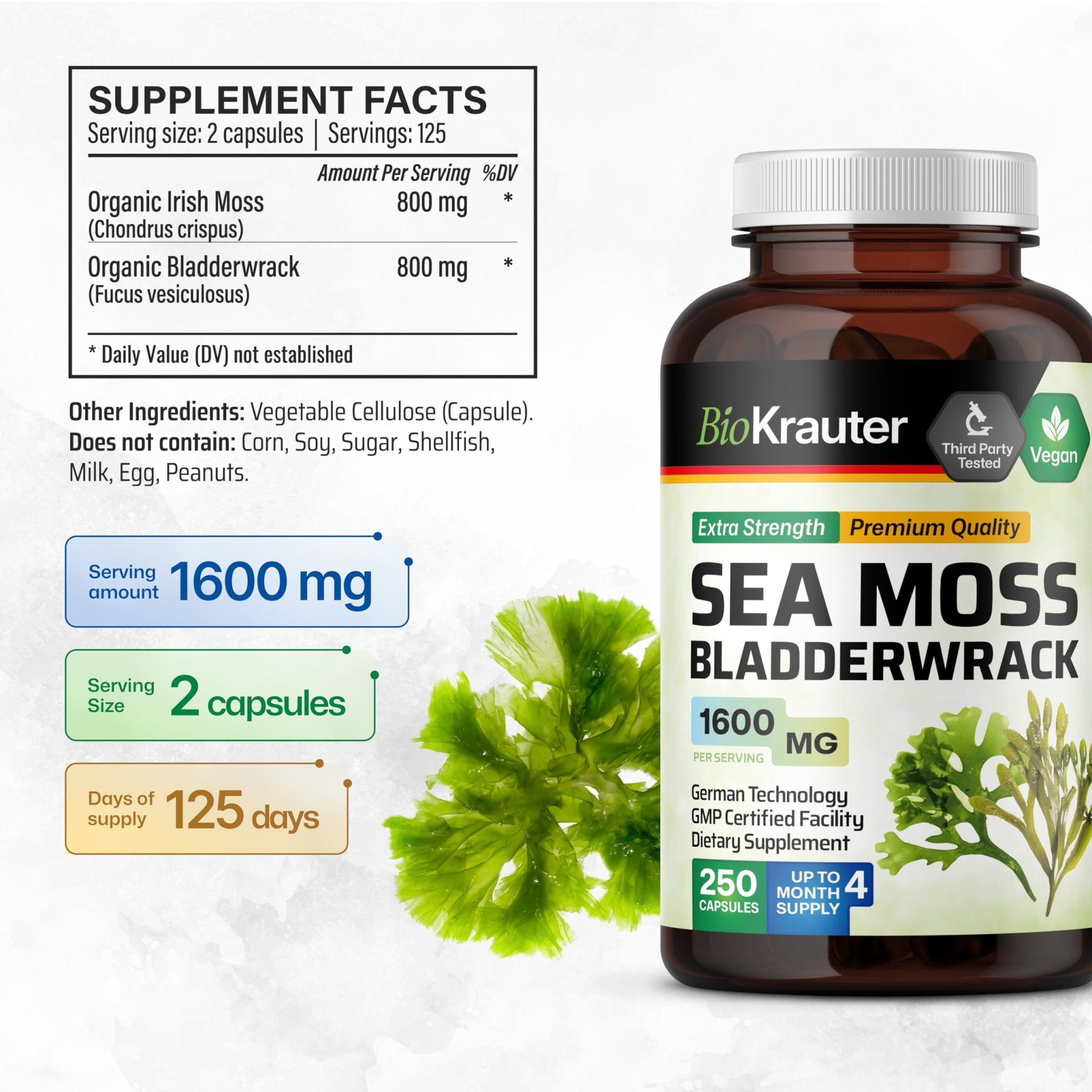 BIO KRAUTER® 2-in-1 Sea Moss for Thyroid Support - Vegan Bladderwrack & Sea Moss Capsules for Women & Men - Natural Сhondrus Сrispus Seaweed Supplement 1600 mg - 125 Days of Supply, Non-GMO - TrustMedUSA