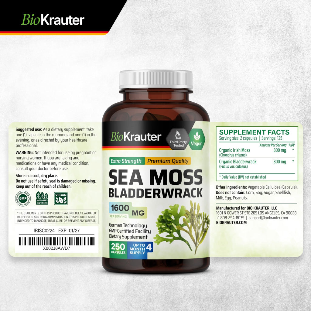 BIO KRAUTER® 2-in-1 Sea Moss for Thyroid Support - Vegan Bladderwrack & Sea Moss Capsules for Women & Men - Natural Сhondrus Сrispus Seaweed Supplement 1600 mg - 125 Days of Supply, Non-GMO - TrustMedUSA