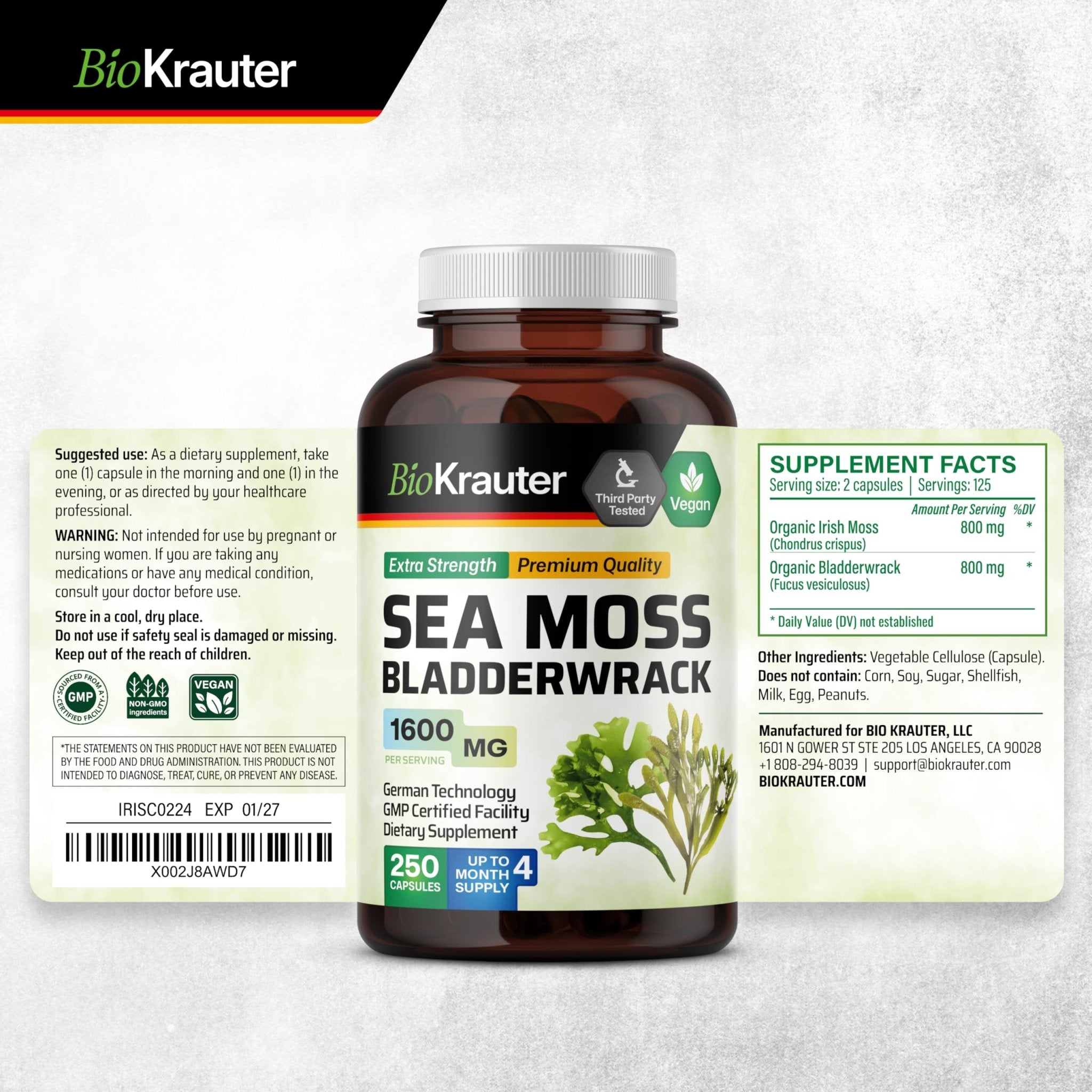 BIO KRAUTER® 2-in-1 Sea Moss for Thyroid Support - Vegan Bladderwrack & Sea Moss Capsules for Women & Men - Natural Сhondrus Сrispus Seaweed Supplement 1600 mg - 125 Days of Supply, Non-GMO - TrustMedUSA