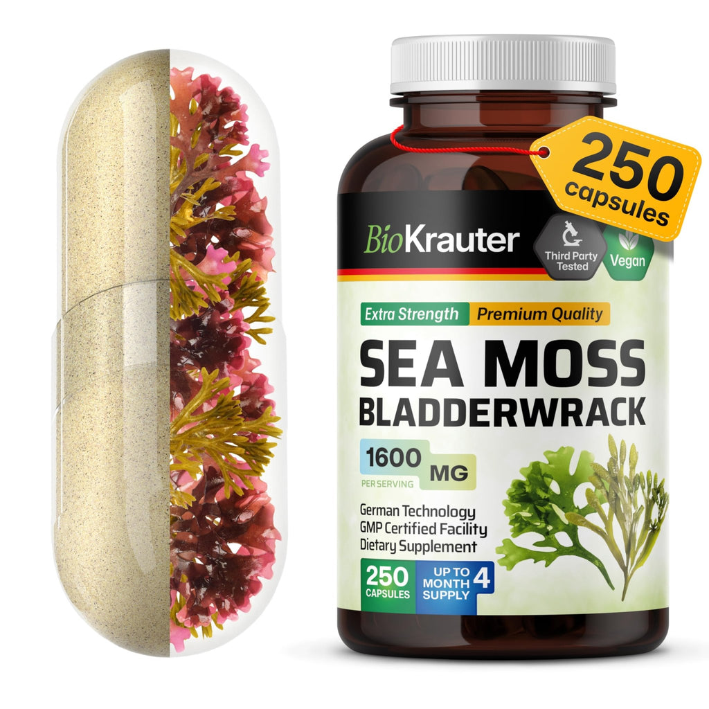 BIO KRAUTER® 2-in-1 Sea Moss for Thyroid Support - Vegan Bladderwrack & Sea Moss Capsules for Women & Men - Natural Сhondrus Сrispus Seaweed Supplement 1600 mg - 125 Days of Supply, Non-GMO - TrustMedUSA