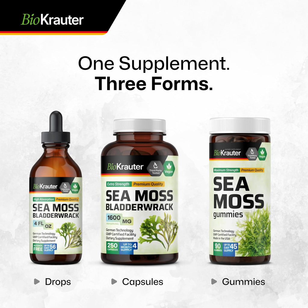 BIO KRAUTER® 2-in-1 Sea Moss for Thyroid Support - Vegan Bladderwrack & Sea Moss Capsules for Women & Men - Natural Сhondrus Сrispus Seaweed Supplement 1600 mg - 125 Days of Supply, Non-GMO - TrustMedUSA