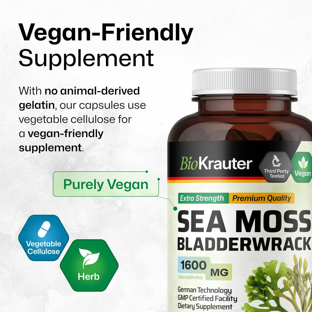 BIO KRAUTER® 2-in-1 Sea Moss for Thyroid Support - Vegan Bladderwrack & Sea Moss Capsules for Women & Men - Natural Сhondrus Сrispus Seaweed Supplement 1600 mg - 125 Days of Supply, Non-GMO - TrustMedUSA
