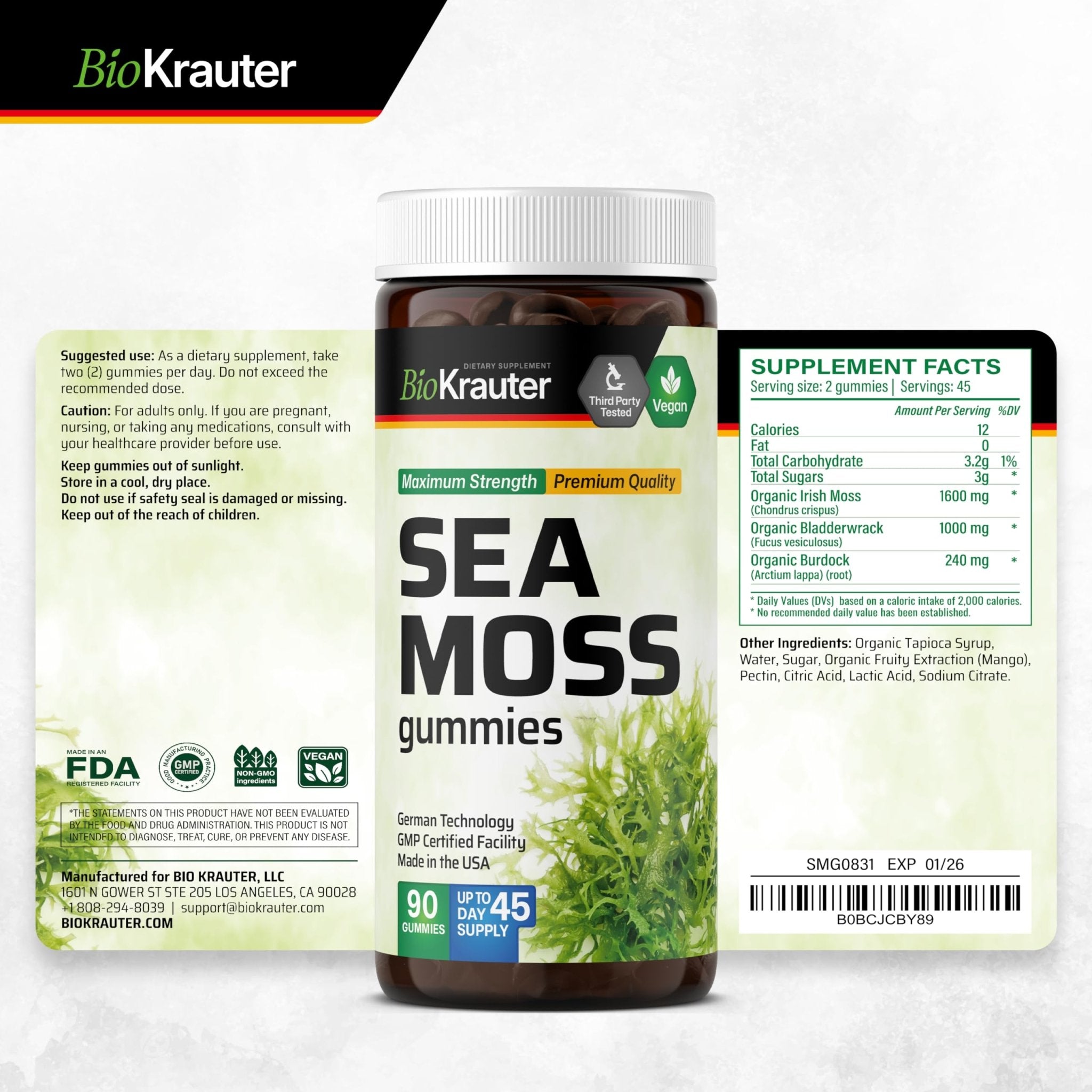 BIO KRAUTER® 3-in-1 Sea Moss for Thyroid Support - Vegan Sea Moss Gummies with Bladderwrack & Burdock Root for Women & Men - 90 Gummies Chondrus Crispus Formula, 45 Days of Supply, Mango Flavor - TrustMedUSA