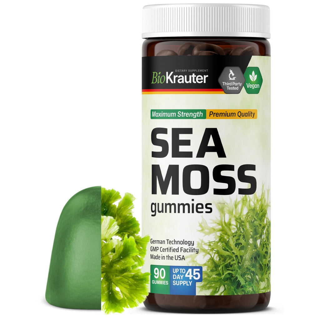 BIO KRAUTER® 3-in-1 Sea Moss for Thyroid Support - Vegan Sea Moss Gummies with Bladderwrack & Burdock Root for Women & Men - 90 Gummies Chondrus Crispus Formula, 45 Days of Supply, Mango Flavor - TrustMedUSA