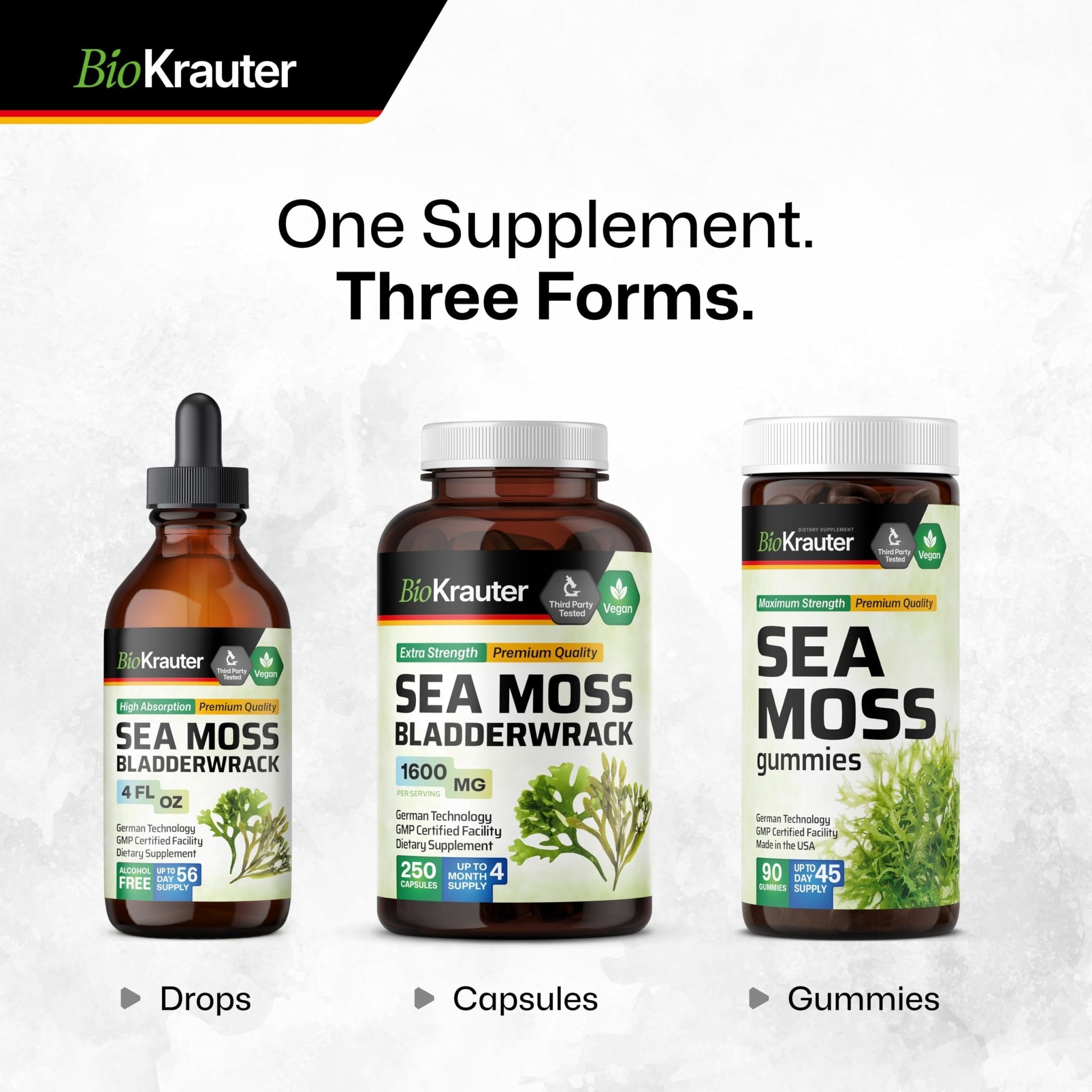BIO KRAUTER® 3-in-1 Sea Moss for Thyroid Support - Vegan Sea Moss Gummies with Bladderwrack & Burdock Root for Women & Men - 90 Gummies Chondrus Crispus Formula, 45 Days of Supply, Mango Flavor - TrustMedUSA